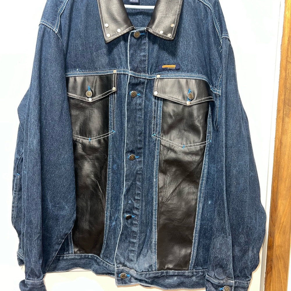 Brooklyn xpress xxl Men's Blue Denim Jacket with Black Leather Panels